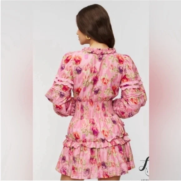 LoveShackFancy Pink Floral Tiered Midi Dress - Picture 3 of 15